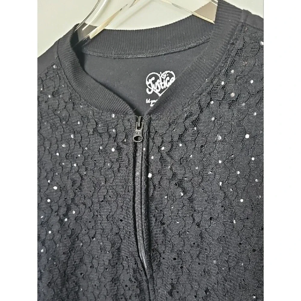 Justice Girls Black Lace Sequin Bomber Jacket Full Zip Size 18 Kids Sparkle Glam